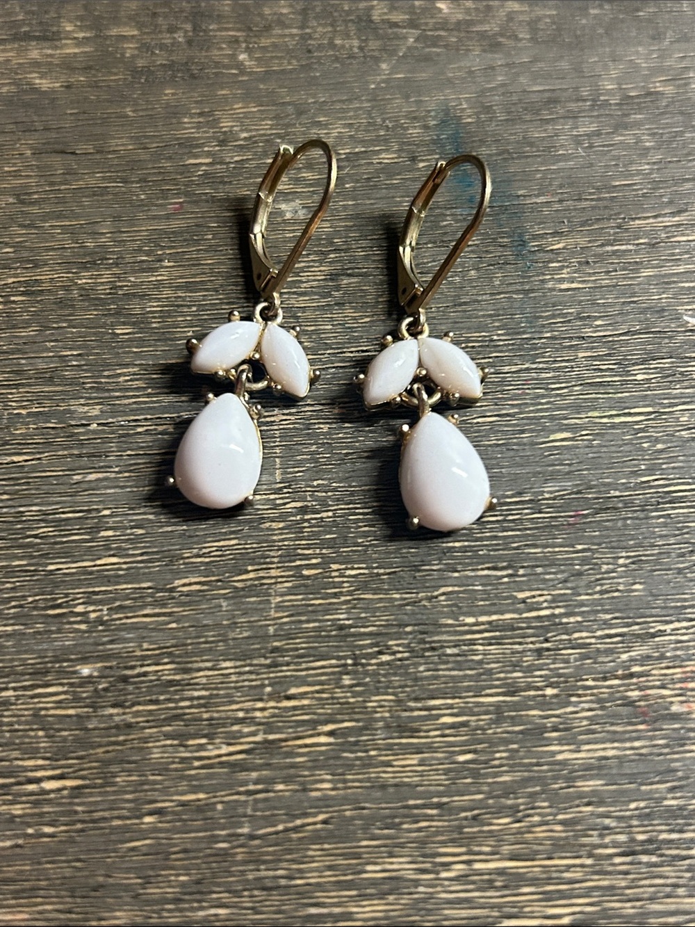 Gold Leverback Earrings‎ with White Teardrop Stones